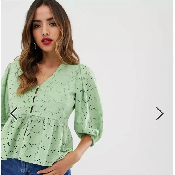 ASOS Tops Asos Design Tea Blouse In Broderie With Volume